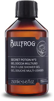 Bullfrog – Mehrzweck-Duschgel Secret Potion N.3: Reinigungsmittel für Körper, Gesicht und Haare, 88% natürlicher, mariner, holziger und bernsteinfarbener Duft, hergestellt in Italien, 250 ml