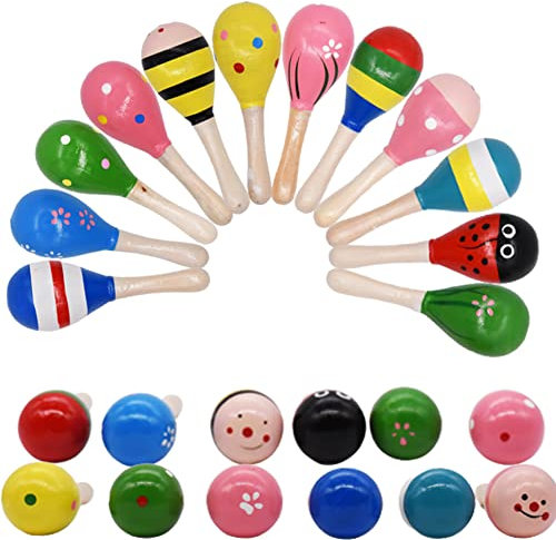 Maracas Hochet 12 Pièces Bois Maraca Hochets Maracas Hochet Shakers Bébé Maracas Jouet en Bois Marteau à Sable en Bois Jouets Musicaux de Maracas en Bois Instrument de Musique pour Enfant 6+ Ans