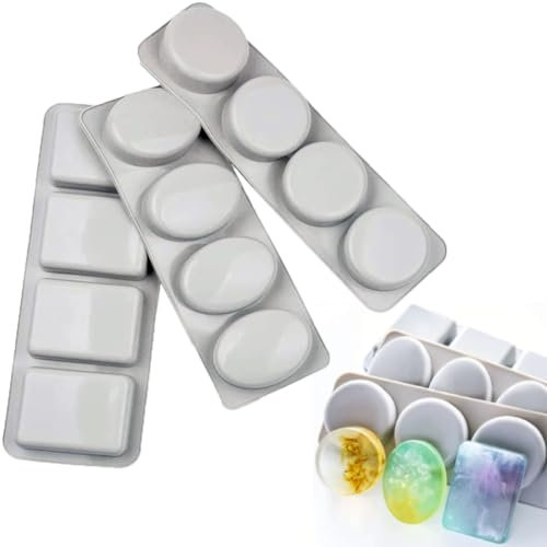 LdawyDE Molde De Jabón De Silicona 3 unidades, 4 Compartimentos Cuadrado Oval y Redondo Moldes Silicona para Hecho A Mano DIY Moldes para Jabones Para Cubitos De Hielo, Jabón, Pasteles, Galletas