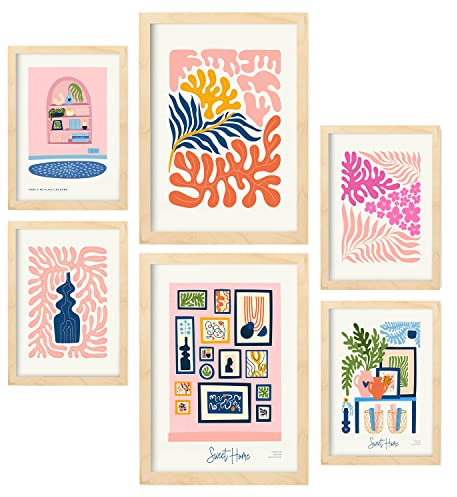 Nacnic Lot de 6 Affiches Minimalisme aux Couleurs Pastel. Douce maison. Impressions de paysage et de nature pour la décoration intérieure et la décoration. A3 & A4, cadres en bois.
