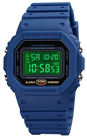Nicoone Reloj Digital para Hombre, con Retroiluminación, Impermeable, Resistente a Los Golpes, con Alarma, Cronómetro, Cuenta Regresiva (Azul)