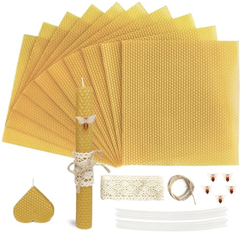 Lacaser Beeswax Candle Making Kit, 10pcs 8x 8 100% Beeswax Sheets for Candle Making -Include Bee Ornaments, Lace, Cotton Wicks & Hemp Rope, DIY Candles Making Supplies
