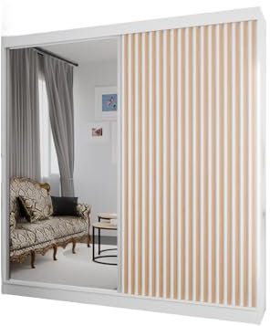 Margaret Hadas24 Kleiderschrank Lili mit Lamellen und Spiegel, Organizer, Mehrzweckschrank, Schwebetürenschrank, Garderobenschrank, Kleiderstange, Kleiderständer, Schrank, 200 cm, braun, weiß,