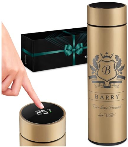 Maverton Thermosflasche 450 ml mit Gravur - Kaffeebecher mit LED-Temperaturanzeige - Reisebecher aus Edelstahl 100% dicht - Thermobecher für Männer - Farbe: Gold - Wappen