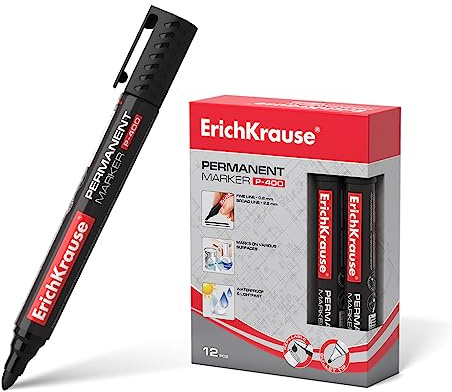 ErichKrause Permanent Marker P-400 wasserfest 0,8-2,2mm schwarz 12 Stück - Marker Stifte zum Schreiben und Markieren - Beschriftungsstift für Karton Glas Kunststoff Porzellan Keramik Holz