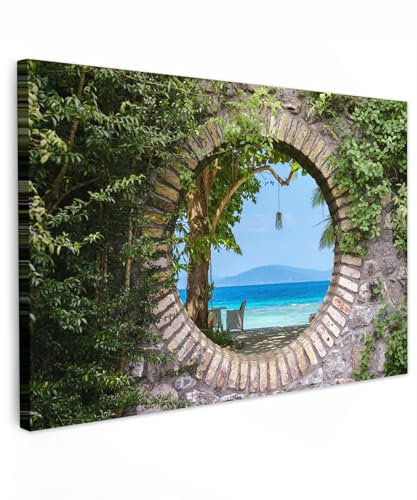 MuchoWow© Leinwandbild Klein 30x20 cm Mini Dekoration Wohnzimmer Bilder Aufhängen Wall Decoration Living Room Wohnungs Deko Moderne Strand - Fensterblick - Tropisch - Strandkorb