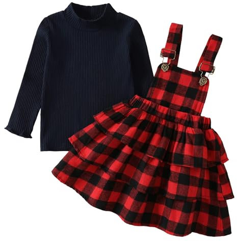 Xumplo Kleinkind Baby Mädchen Weihnachtsoutfits Karierter Overall Rock Strapskleid Zweiteiliges Rockset Langarmshirts Weihnachtspartykleidung 12-18 Monate