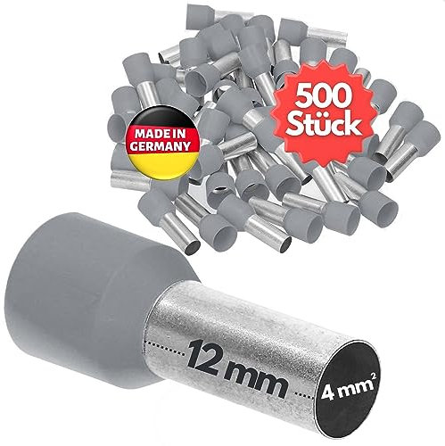 Kalitec AE412GR - 500 terminali isolati, 4,0 mm², lunghezza 12 mm, colore grigio, Made in Germany, qualità industriale