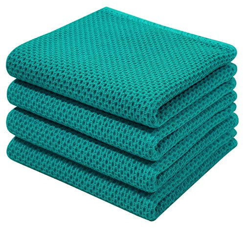 Moosfor 100% Cotton Tea Towels, Highly Absorbent Soft Dish Cloths, Quick Drying Kitchen Cloths for Washing Up, Pack of 4, 32 x 71 cm, Green