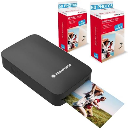 AGFA Photo - Pack Imprimante Realipix Mini P + Cartouches et Papiers AMC pour 100 Photos - Imprimante Photo Format 5,3 x 8,6 cm Via Bluetooth - Sublimation Thermique 4Pass - Noir