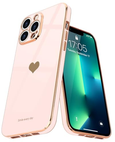 Teageo for iPhone 13 Pro Max Case Cute Heart Pattern for Women Girls Slim Luxury Bling Plating Soft TPU Anti-Scratch Shockproof Bumper Phone Case for iPhone 13 Pro Max, Light Pink