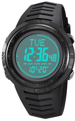 TONSHEN Herren Outdoor Militär Elektron Kompass Digital Uhren Wasserdicht LED Double Zeit Sportuhr Plastik Lünette Armbanduhr (Schwarz)