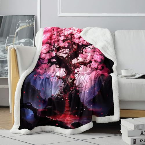 CHTLIFQ Rosa magischer Sakura Baum, Bedruckte Überwurfdecke, Sherpa Decken, Klimaanlagendecke, Vier Jahreszeiten, für Kinder, Teenager, Erwachsene, 31,5 x 47,3 Zoll Sherpa (80 x 120 cm)