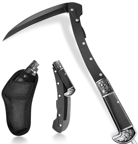 YEESOOM Black Sharp Folding Sickle Knife, Two Section Foldable Scythe Knife, Wooden Handle Folding Scythe Tool with Sophisticated Rose Pattern, Folding Kama Collection with Sheath