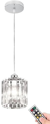1 Pack Battery Operated Pendant Light with Remote,Rechargeable No Wiring Ceiling Hanging Lamp,Modern Clear Glass Wireless Pendant Lighting Fixture Silver for Farmhouse Dining Room Kitchen Island
