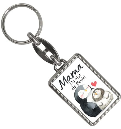 speecheese Pinguin Mutter und Kind Schlüsselanhänger mit Bordüre mit Spruch Mama du bist die Beste Muttertagsliebe im Tierdesign Herzvolles Familie Muttertagsgeschenk