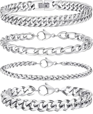 4 Stücke Armband Herren Silber, Herren Armband Edelstahl Armbänder für Männer Armreif Panzerkette Hip Hop Rapper Glieder Link Armkette Panzerkette, Schmuck Herren für Papa Freund Schmuck Geschenk