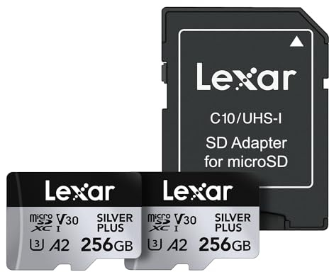 Lexar Silver Plus Lot de 2 cartes mémoire microSDXC professionnelles UHS-I, C10, U3, V30, Full HD et vidéo 4K, jusqu'à 205/150 Mo/s en lecture/écriture, pour vidéastes, joueurs (LMSSIPL256G-B2ANU)