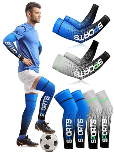 Newcotte 4 Paar Sport-Kompressions-Beinstulpen und Armstulpen, kühlende Armabdeckung, UV-Sonnenschutz, Beinstulpen für Männer und Frauen, Blau, Grau, Arm sleeves: 16.93 inches/43 cm Leg sleeves: