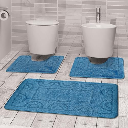 Comart - Set Tappeti Nicole da Bagno - Tre Pezzi - Tappetino Rettangolare 50x80 cm + Due Girowater 50x40 cm - Tris Antiscivolo ad Asciugatura Rapida - Traspiranti - Lavabili in Lavatrice - Azzurro