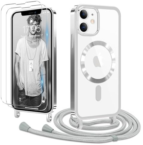 Ethanger Handyband für iPhone 12 iPhone 12 Pro Hülle mit Band + 2 Stück Glas Schutzfolie Transparent Silikon Handyhülle zum Umhängen Magnetische Schutzhülle Case für iPhone 12/12 Pro Silber
