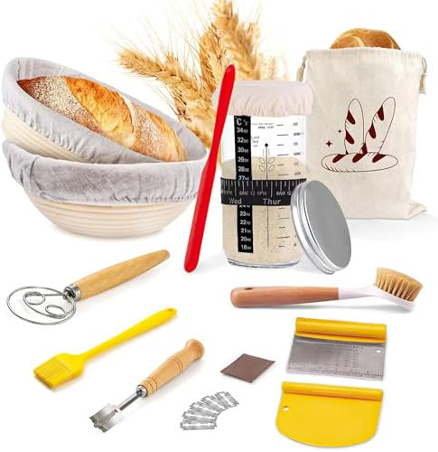 Kixiyou Gärkorb Brot Set mit 2 Gärkörbchen, Sauerteig Starter Set und Komplettset Backzubehör, sauerteig starterset(23cm rund & 25 cm oval) Einsteigerset für Anfänger