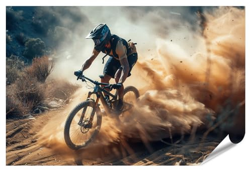 islandburner XXL Bild Poster Profi Radfahrer navigiert auf Enduro Mountainbike über staubigen Pfad und wirbelt Staub auf Premium Bilder Fotodruck