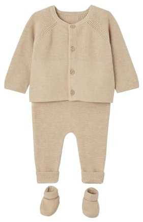 VERTBAUDET 3-teiliges Strick-Set mit Cardigan, Hose und Hausschuhen für Neugeborene, Beige meliert, 12 m (74 cm)