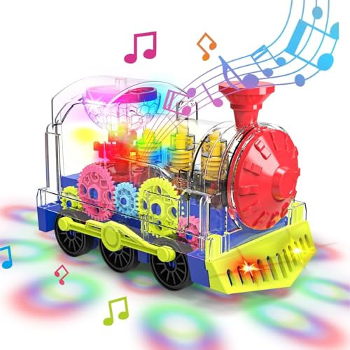 Gofimyee Light Up Train Toy for Toddlers: Transparent Gear Car Toy for Kids with Cool Light and Music Educational Crawling Toys for Baby Boys and Girls