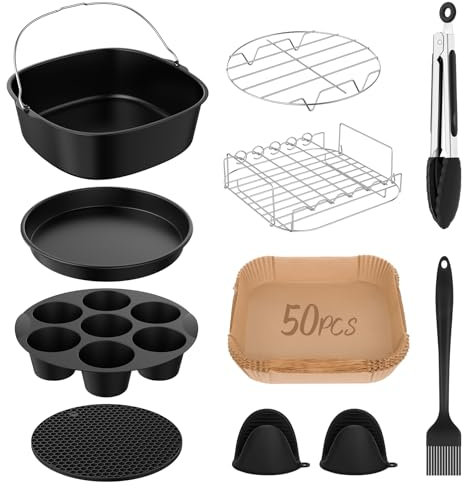 11PCS Accessoires Air Fryer Réutilisables - Compatible Cosori XXL 6.2L, 5.5L,Philips Série 2000/3000 6,2l XL/Cecotec 5.5L/6L - Moule en Silicone, Plateau Pizza, Grille & Papier Cuisson (22-24CM)