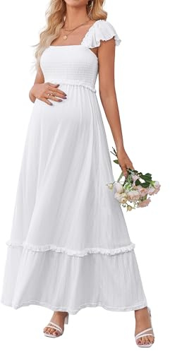 OUGES Womens 2025 Summer Maternity Maxi Dresses for Photoshoot Ruffle Sleeve Square Neck Wedding Guest Baby Shower Long Dress Flowy Pregnancy Must Have Maternity Clothes (White,XL)