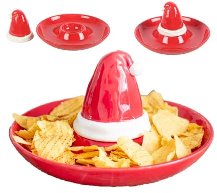 Sacred Remedy Piatto da portata in ceramica rossa con cappello di Babbo Natale Chip and Dip, 30 cm, per nachos, verdure, patatine fritte, ecc., tema rosso/bianco