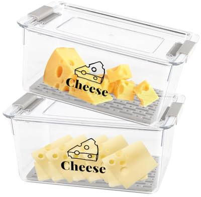 Gzsekken Cheese Storage for Fridge,2 Pack Airtight Cheese Container and Lid, Clear Cheeses Dish with Drain Tray,Freshness Box for Chunks & Slices BPA-Free Organizer-Easy Clean