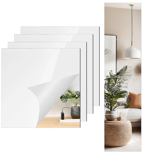 CEUQIESO 4 Pack Selbstklebende Acrylspiegel, 35x35cm Spiegelkacheln, Flexible Kunststoff-Spiegelblätter Wandaufkleber, 2MM Dickes Full Length Wall Gym für Home Mirror Frameless Home Fitness Spiegel