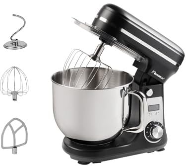 Bestron Küchenmaschine, Super Silent (65db) 4-1 Küchenmaschine mit DC-Motor, 6 Liter Rührschüssel, inkl. Knethaken, Rührbesen und Teigschläger, 6 Geschwindigkeitsstufen + Pulsefunktion, Farbe: Schwarz
