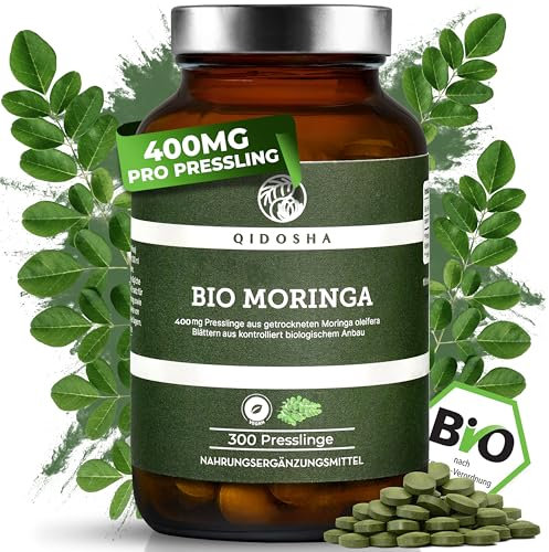 QIDOSHA® Bio Moringa oleifera Presslinge hochdosiert, 300 Stk/Glas, 2000mg je Tagesportion, 400mg/Tablette, 100% naturrein und schonend verarbeitet