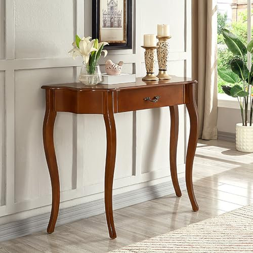 Tavolo Consolle In Legno Massello con Cassetto, Tavolo D'ingresso Semicircolare, Elegante Mobile Espositivo A Mezzaluna per Soggiorno, Corridoio, Corridoio, Divano(89x28x80cm(35x11x31inch), Maroon)