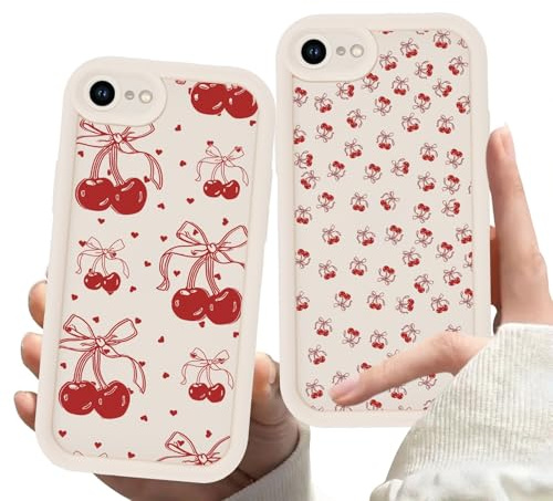 Zrutru 2 Pack Cherry Phone Case for iPhone 6 4.7,Cute Aesthetic Cases Kawaii Bow Design Pattern Cover for Girls Women,Beige Soft Anti-Scratch Shockproof Protection Funda for iPhone 6