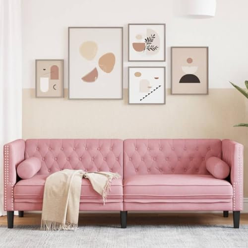 Tidyard Canapé Chesterfield avec traversins 3 Places Rose Velours, Canapé Siège Confortable pour Salon, Chambre d'amis, Appartement, Petit Espace