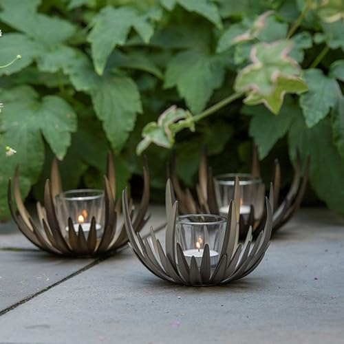 Crocus Collection 17cm Single Flower Tealight Candle Holder in Antique Pewter Design for Outdoor Use