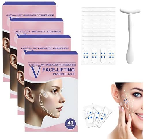160 Stück Face Lift Tape Invisible Face Lifting Tape Portable Hals Patches Jowls Aufkleber Schlaffe Unsichtbare Dünne Klebeband for Lifting Sagging Skin Double Chin mit 1 Massagestab