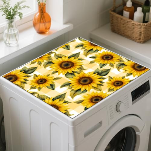 GLOBLELAND Sunflower Washer Dryer Dust Cover 23.6×23.6inch Flower Washing Machine Top Protector Pads Non Slip Washing Machine Top Covers for Laundry Room Living Room Desk