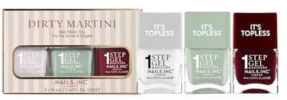 Nails Inc It's Topless Gel-Like Dirty Martini Nail Polish Trio, 4-in-1 Base Coat, Treatment, Colour & Top Coat, Long Lasting, Strong, Chip Free, Glossy Salon Quality Manicure, Air Dry, 3 Piece Set