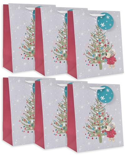 Boofle | Multipack of 6 Large Gift Bags | Cute Design | Party Bag for Presents | Christmas Occasion | 26.7 x 33 x 13.7 cm