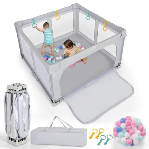 LIFEZEAL Laufgitter für Kinder und Babys von 0 – 3 Jahren, 127 x 127 cm, fertig montiert, faltbar, tragbar, mit Tasche, Griffen, Bällen, Schutzrand, Spielplatz, Aktivitätszentrum, aus atmungsaktivem