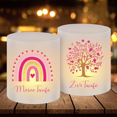 Windlicht Tischdeko Taufe,12 Stück Rosa Kommunion Tischlichter,Lichthülle Taufe Konfirmation,Regenbogen Teelicht,Erstkommunion Teelicht Kerzen Dekoration für Mädchen und Junge