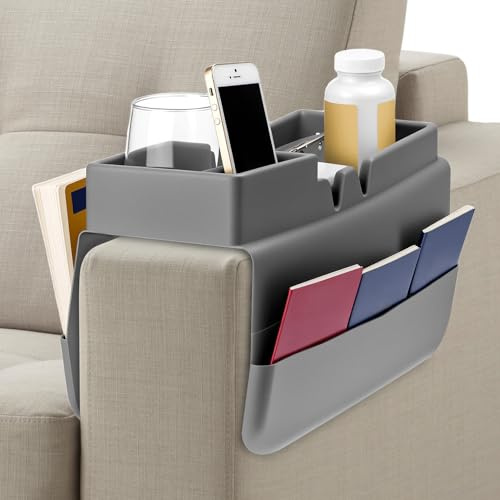 QWORK® Reposabrazos Sofa, Bandeja de Silicona Antideslizante para el Brazo del sofá, con Dos Bolsillos Laterales, para Guardar Bebidas, teléfonos, tabletas y mandos a Distancia, Gris