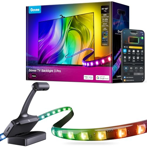 Govee Rétroéclairage TV 3 Pro Triple Caméra HDR, 5 en 1 RGBWWIC Bande LED | 75 LED/m, 5M pour TV 75-85 pouces, Filtre IA, APP et Contrôle Vocal, Sync Image DreamView, Compatible avec Matter, Alexa