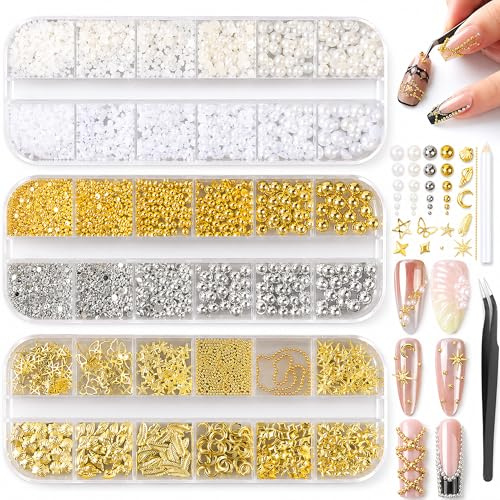 3D Nail Charms and Gems Kit 6 PCS – Flatback Glass Rhinestones, Pearls and Metal Studs – Silver and Gold Nail Art Accessories Set with Picker Tools