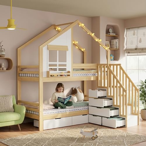 Kinderbett Etagenbett 90x200, Hochbett Hausbett mit Schubladen&Fenster&Dach&Aufbewahrungsregal, Stockbett Doppelbett Holzbett Jugendbett mit Lattenrost&Rausfallschutz, Kiefer, Ohne Matratze,Weiß+Natur